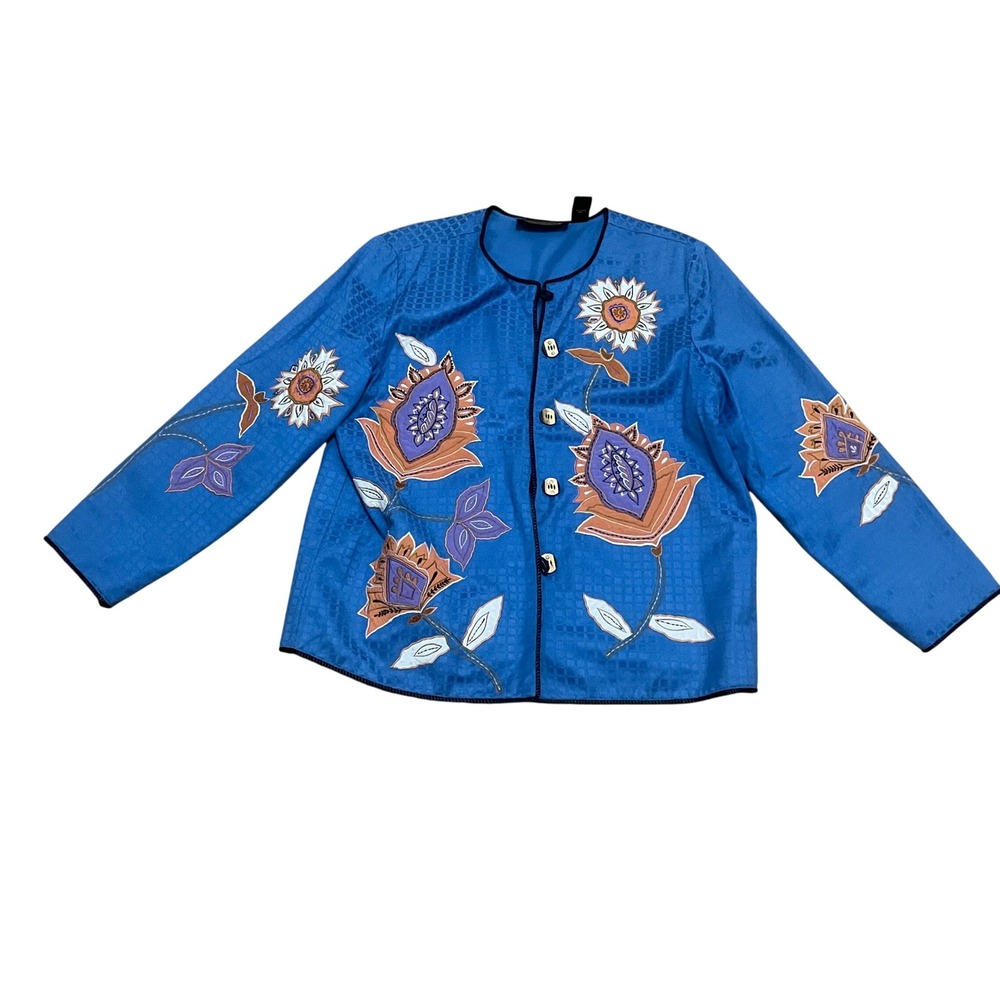 Alex Kim VTG Women's Lg Blue Floral Embroidered Jacquard Jacket Art to Wear Boho